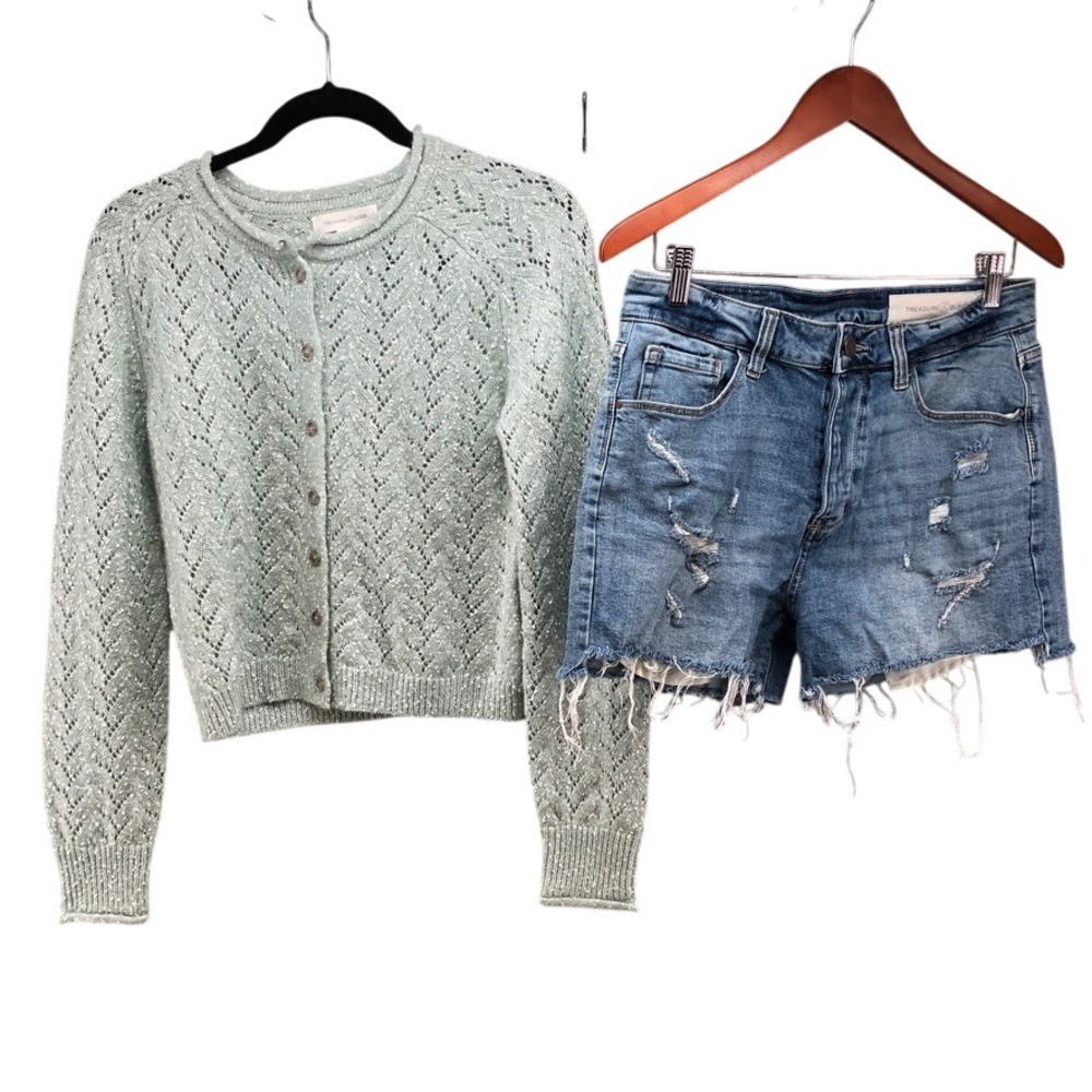 Treasure & Bond Cardigan and Shorts Womens S 28 Green Blue Set Distressed